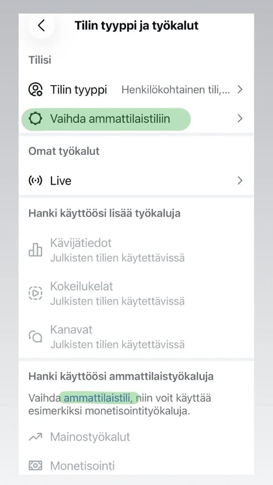 Ammattilaistiliin vaihto