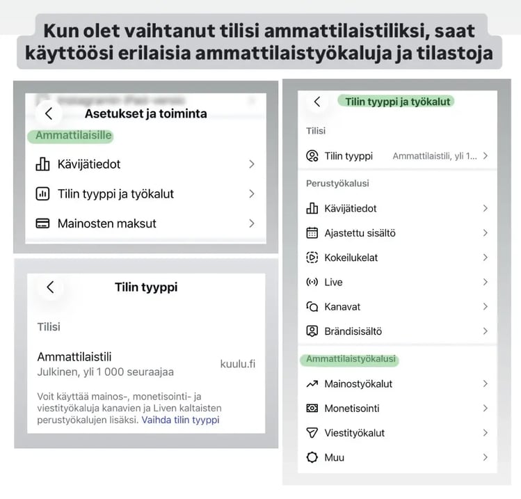 Asetuksien näkymä ammattilaistilin vaihdon jälkeen