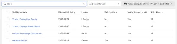 Facebook audience network missä mainoksesi on näkyneet