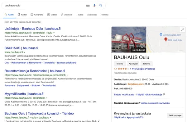 Googlatessa palveluita Googlesta, sivun oikeaan laitaan ilmestyy tietolaatikko yrityksestä
