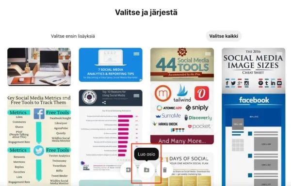 PInterest kansiossa osion luominen