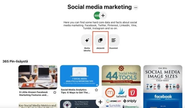 Pinterest kansion järjestäminen