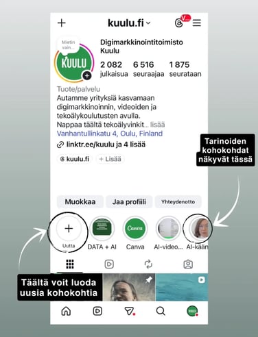 Instagram kohokohtien sijainti profiilissa