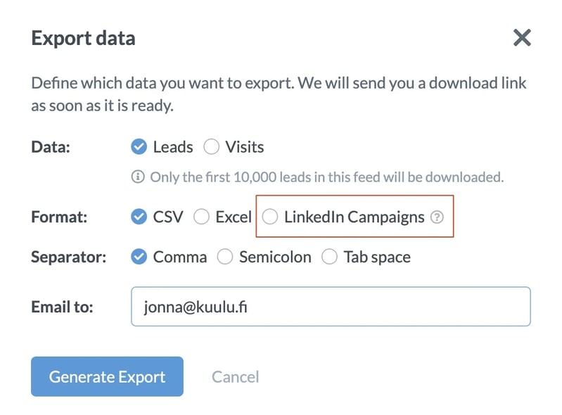 Leadfeeder export LinkedIn-kampanjaan
