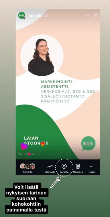 Tarinan lisääminen kohokohtiin