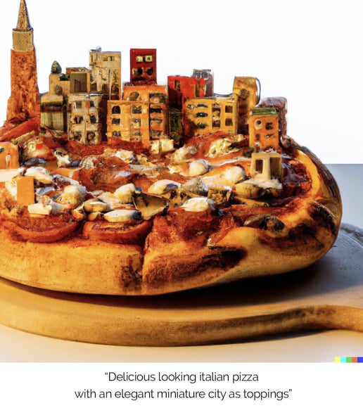 delicious looking italian pizza with an elegant miniature city as toppings