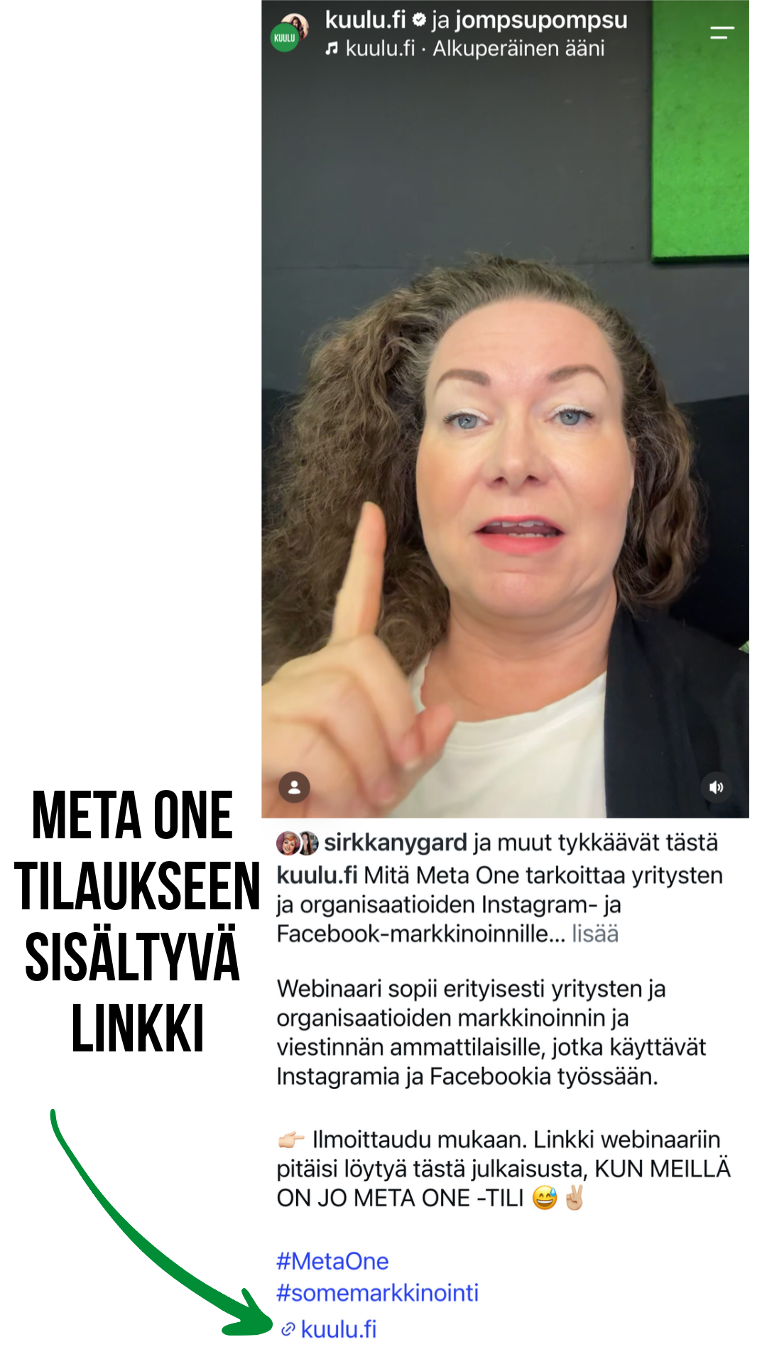 Kuulun Instagram-kelan mobiilinäkymä, jossa julkaisun lopussa näkyy klikattava kuulu.fi-linkki.