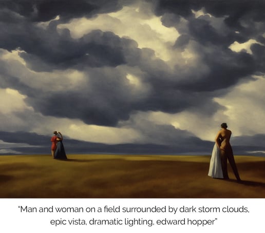 man and woman on a field surrounded by dark storm clouds epic vista dramatic lighting edward hopper