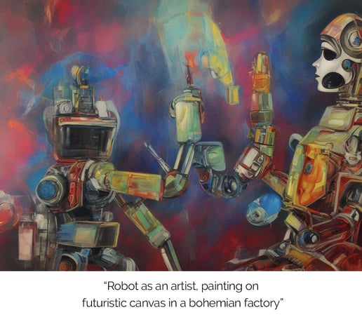 robot as an artist painting on futuristic canvas in a bohemian factory