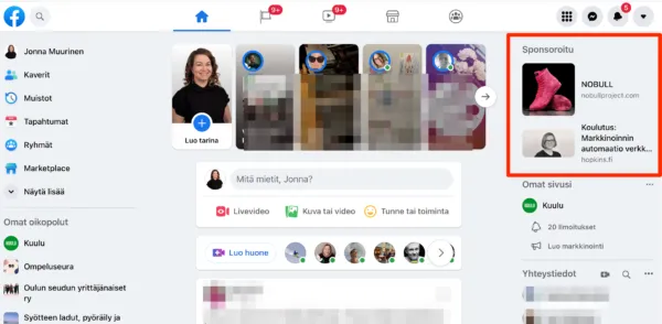 Facebook oikean sarakkeen mainospaikka