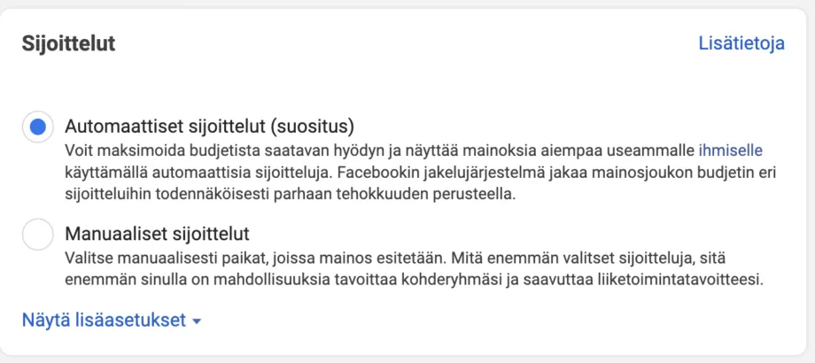 Facebook mainosten sijoittelu