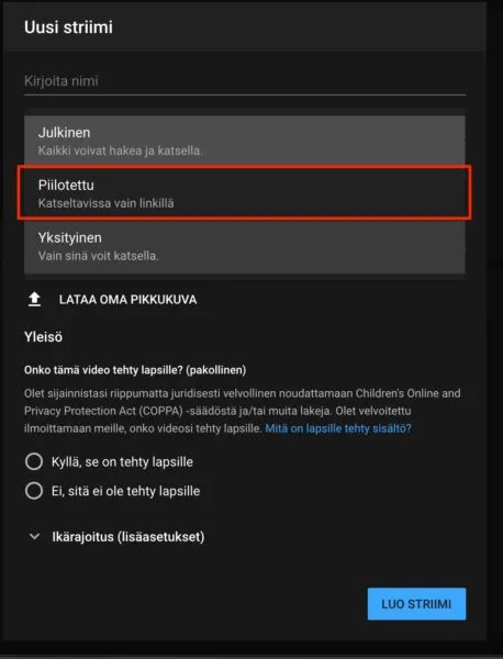 Youtube livestriimaus rajatulle yleisölle