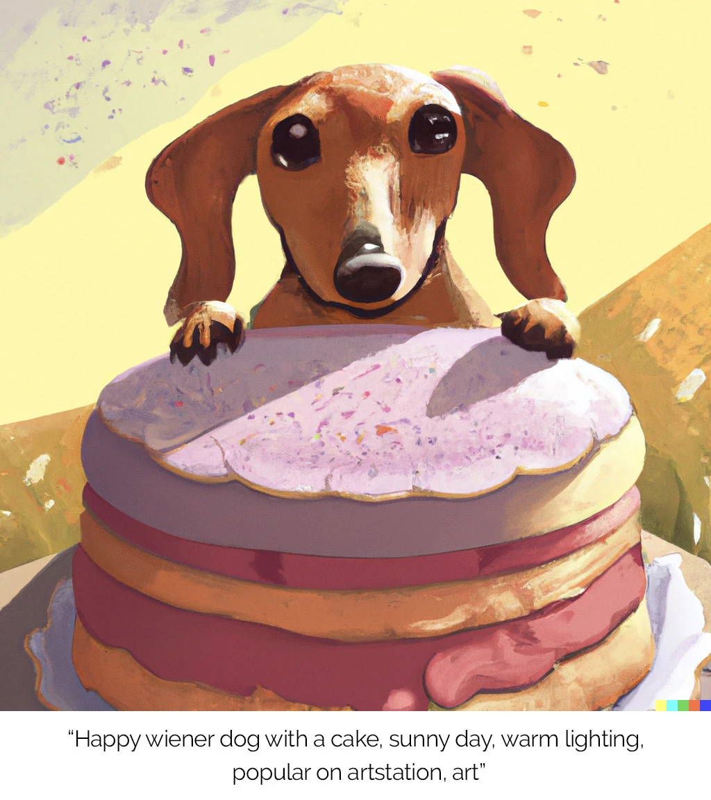 happy wiener dog with a cake sunny day warm lighting popular on artstation art